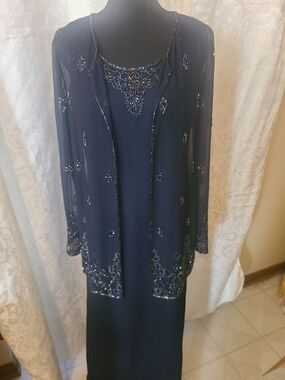 J Kara Navy Beaded Maxi Dress with Sheer Embellished Jacket